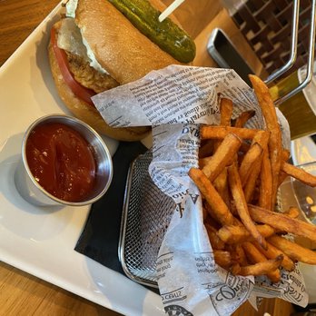 Rail Stop Restaurant & Bar - Crispy Chicken Sandwich with Sweet Potato Fries. - New American Near Me - Boston, Massachusetts Rail Stop Restaurant & Bar - Crispy Chicken Sandwich with Sweet Potato Fries. - New American Near Me - Boston, Massachusetts