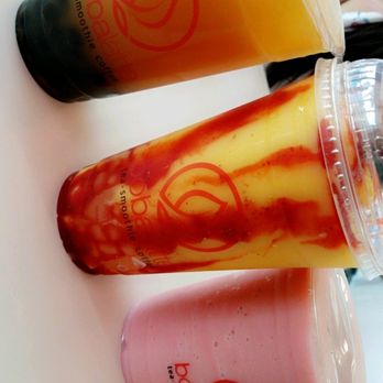 Boba Latte - Left to right: mango fusion tea with extra boba, mango tango with crystal boba, and strawberry banana smoothie - Coffee & Tea Near Me - Richardson, Texas Boba Latte - Left to right: mango fusion tea with extra boba, mango tango with crystal boba, and strawberry banana smoothie - Coffee & Tea Near Me - Richardson, Texas
