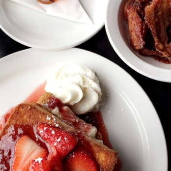 School Restaurant - cream cheese stuffed french toast w. strawberry toppings and sugared bacon - Bakeries Near Me - Toronto, Ontario School Restaurant - cream cheese stuffed french toast w. strawberry toppings and sugared bacon - Bakeries Near Me - Toronto, Ontario