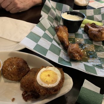 Brockway Pub - Scottish Eggs and wings...half whiskey glaze and half Guinness glaze - Pubs Near Me - Carmel, Indiana