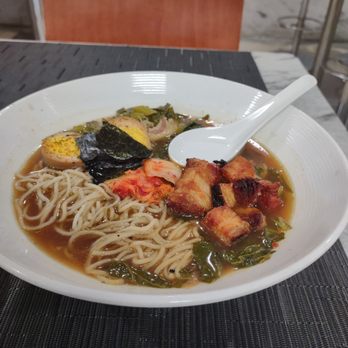 One Flew South - Collard greens ramen with crispy pork belly - New American Near Me - Atlanta, Georgia