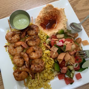 The Green Olive - #4. Shrimp Kebab Plate with tomato/cucumber salad substitute - Mediterranean Near Me - Des Moines, Iowa
