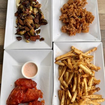 Off The Rails Brewing - Appetizers: Bacon Seared Brussels Sprouts, Fried Calamari, Chicken Wings, & Garlic Fries - Breweries Near Me - Sunnyvale, California Off The Rails Brewing - Appetizers: Bacon Seared Brussels Sprouts, Fried Calamari, Chicken Wings, & Garlic Fries - Breweries Near Me - Sunnyvale, California