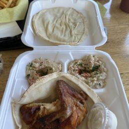 1/4 Rotisserie Chicken Plate, Hummus, Baba Ganoush, (1pc) Pita, #8 Cabbage Salad, French Fries 1/4 Rotisserie Chicken Plate, Hummus, Baba Ganoush, (1pc) Pita, #8 Cabbage Salad, French Fries