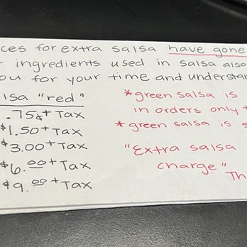 Mi Burrito Mexican Grill - 4/13/24: written out Price List for EXTRA SALSA. Honestly, it's ridiculous especially since they don't fill it to the top... - Mexican Near Me - Cerritos, California Mi Burrito Mexican Grill - 4/13/24: written out Price List for EXTRA SALSA. Honestly, it's ridiculous especially since they don't fill it to the top... - Mexican Near Me - Cerritos, California