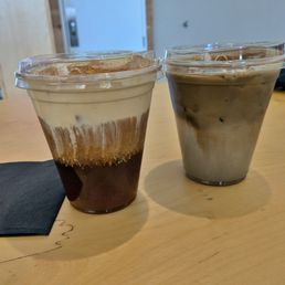 Noir et Creme - Citrus oleo saccharum, cold brew, creme top, nutmeg, more citrus and Banana Miso - Hojicha, cinnamon, banana, miso, oat milk