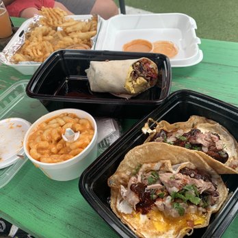 Ray Ray's Hog Pit - 1 lbs waffle fries, what's left of my brunch wrap, mac&cheese, brunch tacos - Food Trucks Near Me - Columbus, Ohio