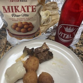 Emviro Grill - This is my left over of mikate puff puff, beef kabobs kebab, kwanga and congo drink Vitalo - African Near Me - Euless, Texas Emviro Grill - This is my left over of mikate puff puff, beef kabobs kebab, kwanga and congo drink Vitalo - African Near Me - Euless, Texas