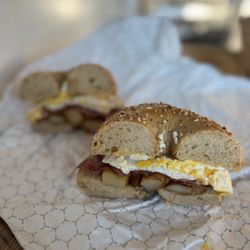 The Bagelry - Turkey Bacon Egg & Cheese (~$7): on an everything whole wheat bagel (scooped out) (+$1) with breakfast potatoes (+$1)
