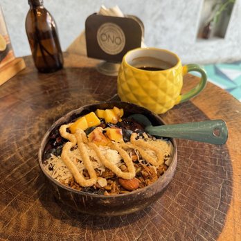 ONO Acai Bowls - This is called the Purple Rain Açai bowl. They added a little peanut butter on top as a lovely gesture. - Vegan Near Me - Puerto Vallarta, JAL ONO Acai Bowls - This is called the Purple Rain Açai bowl. They added a little peanut butter on top as a lovely gesture. - Vegan Near Me - Puerto Vallarta, JAL