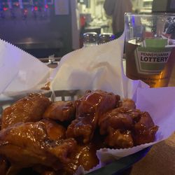 Old Mill Pub - McHale's hot bbq wings. Pint of Yuengling Lager.