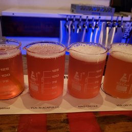 four glasses of beer on a tray