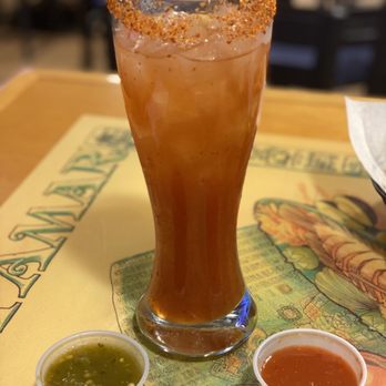 Mariscos Altamar - Michelada and their red and green salsa - Mexican Near Me - Albuquerque, New Mexico