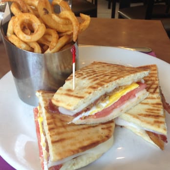 The Suburban Diner - EGG PANINI: Two Fried Eggs, Bacon, Mozzarella Cheese
& Tomatoes on Flat Bread, then Pressed, served with Home Fries 7.50 - Diners Near Me - Paramus, New Jersey The Suburban Diner - EGG PANINI: Two Fried Eggs, Bacon, Mozzarella Cheese
& Tomatoes on Flat Bread, then Pressed, served with Home Fries 7.50 - Diners Near Me - Paramus, New Jersey