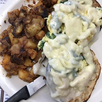 Pepper Pot - Eggs with spinach and provolone on an English muffin. Home-fries. - Breakfast & Brunch Near Me - Southington, Connecticut