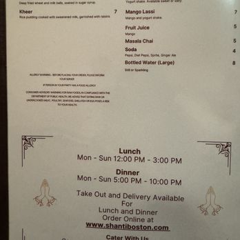 Shanti Indian Cuisine - Menu - Indian Near Me - Boston, Massachusetts Shanti Indian Cuisine - Menu - Indian Near Me - Boston, Massachusetts