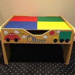 Handcrafters - This personalized LEGO and reversible train table is a favorite at HandCrafters.