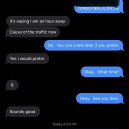 Conversation with Jason - A screenshot of a text message conversation on a smartphone, involving two people discussing junk removal services, traffic delays, and scheduling a meeting at Forest Park, IL. The conversation includes references to traffic causing a delay and coordinating a time around 8 o'clock.