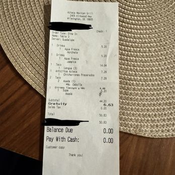 Azteca Mexican Grill - Receipt - Mexican Near Me - Wilmington, Delaware Azteca Mexican Grill - Receipt - Mexican Near Me - Wilmington, Delaware