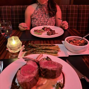 Gordon Ramsay Steak - Visual of : trio of Beef (far end), Rack of lamb (closer), mushroom and asparagus in the middle. - Steakhouses Near Me - Las Vegas, Nevada