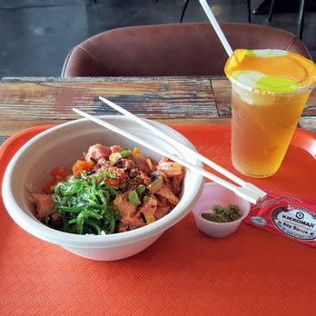 Poke Dessert Bar - Brown rice poké bowl with spicy tuna, spicy salmon, edamame, wasabi, sweet corn, green onion, ponzu sauce, tobiko, wakame salad and kimchi. - Poke Near Me - Chamblee, Georgia Poke Dessert Bar - Brown rice poké bowl with spicy tuna, spicy salmon, edamame, wasabi, sweet corn, green onion, ponzu sauce, tobiko, wakame salad and kimchi. - Poke Near Me - Chamblee, Georgia