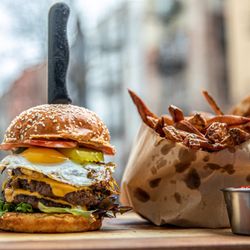 The Hangover Cure Burger w/ rustic fries.