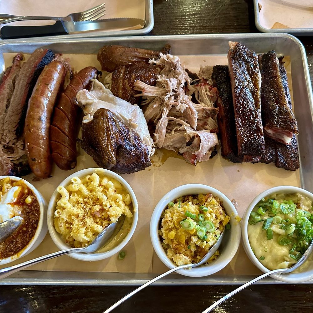 Jack's BBQ - Bellevue - Picnic bbq plate - brisket, sausages, chicken, pulled pork, ribs. Sides were Chilli, Mac and cheese, corn pudding and mashed potatoes - Cocktail Bars Near Me - Redmond, Washington