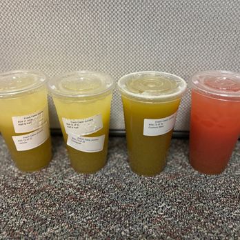 Fresh Cane Juice - Left to Right: Half & Half Lemon/Sugarcane, Half & Half Kumquat/Sugarcane, 100% Sugarcane, Half & Half Watermelon/Sugarcane - Juice Bars & Smoothies Near Me - Rosemead, California Fresh Cane Juice - Left to Right: Half & Half Lemon/Sugarcane, Half & Half Kumquat/Sugarcane, 100% Sugarcane, Half & Half Watermelon/Sugarcane - Juice Bars & Smoothies Near Me - Rosemead, California