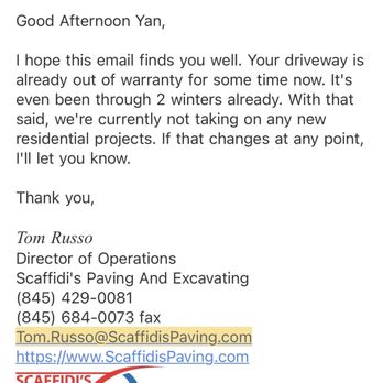 Scaffidi’s Paving And Excavating - Email telling to f-off. They don't standby their work. - General Contractors Near Me - West Haverstraw, New York Scaffidi’s Paving And Excavating - Email telling to f-off. They don't standby their work. - General Contractors Near Me - West Haverstraw, New York