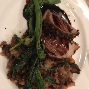 Trata - Roast pork loin - oven roasted, fried barley and smoked sweet potato, cipollini onion, grilled broccoli rabe, concord grape demi-glace; $18 - New American Near Me - Rochester, New York