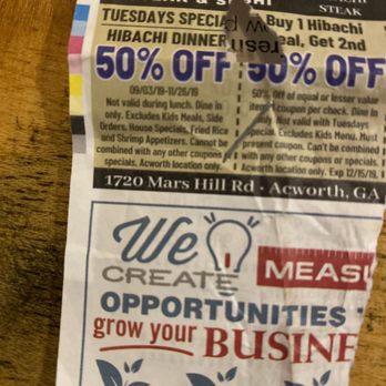 Volcano Steak & Sushi - Acworth - Coupon on the left is the coupon we wanted to use. - Japanese Near Me - Acworth, Georgia Volcano Steak & Sushi - Acworth - Coupon on the left is the coupon we wanted to use. - Japanese Near Me - Acworth, Georgia