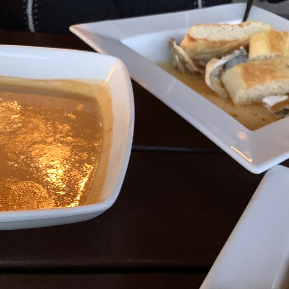 Edgewater Restaurant - Starts Now- (Lobster Bisque W/ Crab Meat Actually Tastes Better Than It Looks/ Roasted (Tiny But Tasty) Oysters Topped  W/ Seasony Bread) - Seafood Near Me - Hampton Bays, New York