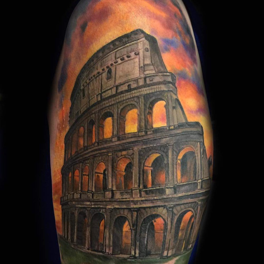 Revolt Tattoos - Roman Colosseum at Sunset Tattoo by Joey Hamilton on MY arm! - Tattoo Near Me - Las Vegas, Nevada
