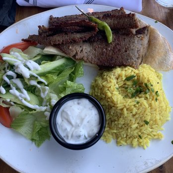 The Olive Restobar - Gyro (minced filet and lamb mixed with Mediterranean spices and slowly roasted on a vertical spit - $17) - Mediterranean Near Me - Downey, California The Olive Restobar - Gyro (minced filet and lamb mixed with Mediterranean spices and slowly roasted on a vertical spit - $17) - Mediterranean Near Me - Downey, California
