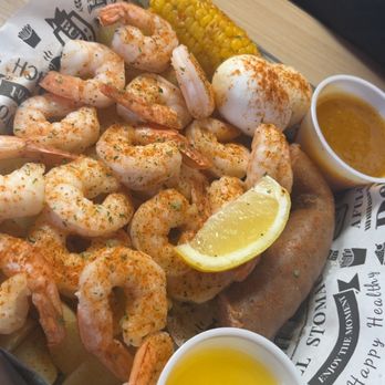 Krab Kingz - Platter. Shrimp, egg, sausage, potatoes at the bottom. Wasn't very warm but was still tasty. - Seafood Near Me - Fallon, Nevada