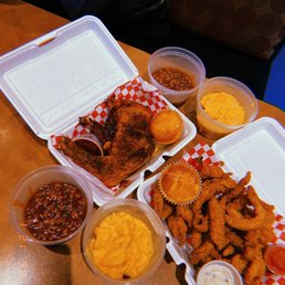 Baked Chicken, Fried Catfish (strips), Mac & Cheese, Baked Beans!! (Cornbread & Tarter sauce) Baked Chicken, Fried Catfish (strips), Mac & Cheese, Baked Beans!! (Cornbread & Tarter sauce)
