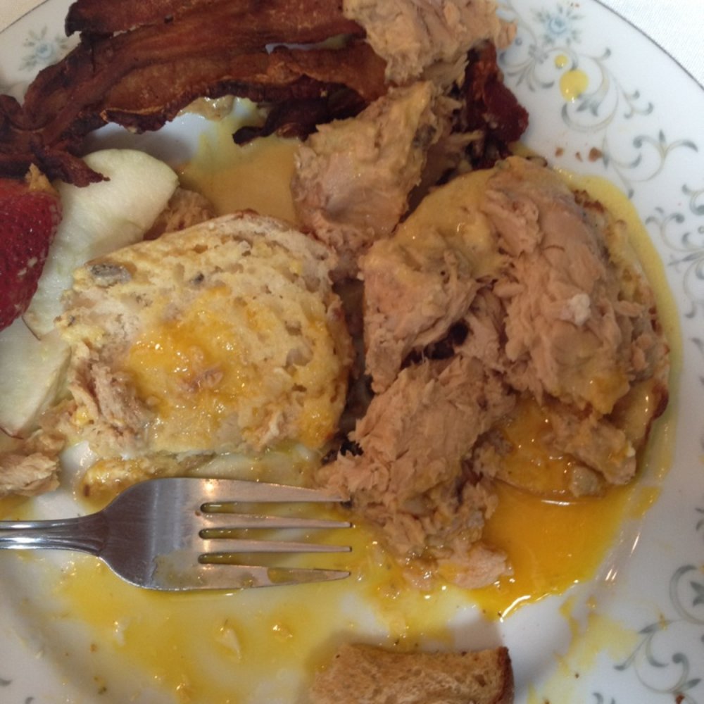 Only the eggs were edible. The English muffin was cold, holandaise sauce salty, and bacon completely rock hard. Only the eggs were edible. The English muffin was cold, holandaise sauce salty, and bacon completely rock hard.