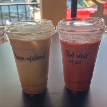 Bonsai Beverage - Rose Latte w/almond milk and  Red Velvet Latte w/oat milk - Coffee & Tea Near Me - Clearwater, Florida