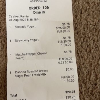 Daboba - Receipt - Bubble Tea Near Me - Santee, California Daboba - Receipt - Bubble Tea Near Me - Santee, California