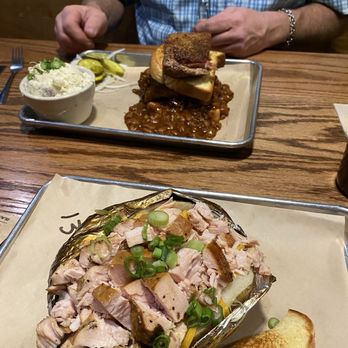 Tender Smokehouse Little Elm - Baked potato with Turkey - huge and took over half home for another meal. And hubby got the Grand Slam to try a little if everything - Barbeque Near Me - Little Elm, Texas Tender Smokehouse Little Elm - Baked potato with Turkey - huge and took over half home for another meal. And hubby got the Grand Slam to try a little if everything - Barbeque Near Me - Little Elm, Texas