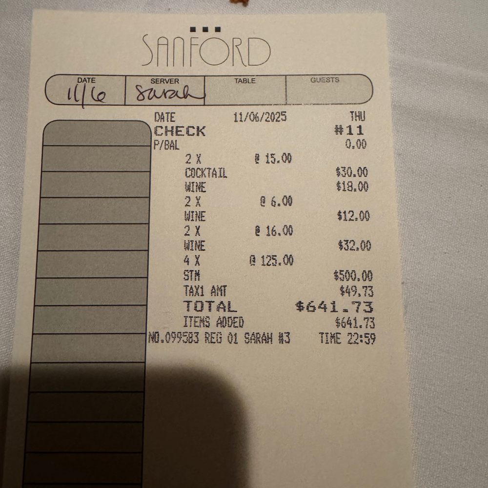 Sanford Restaurant - receipt - New American Near Me - Milwaukee, Wisconsin Sanford Restaurant - receipt - New American Near Me - Milwaukee, Wisconsin