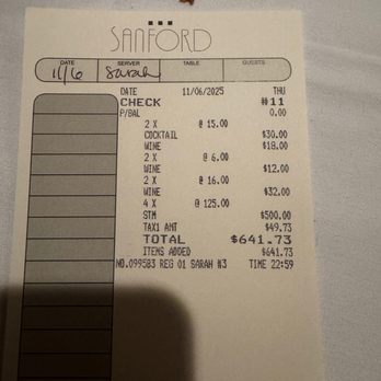 Sanford Restaurant - receipt - New American Near Me - Milwaukee, Wisconsin Sanford Restaurant - receipt - New American Near Me - Milwaukee, Wisconsin