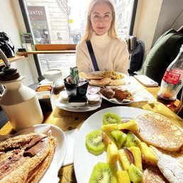 Chocolate Romana, Pistachio Croissant, Pancakes with Fruit and Eggs.