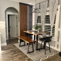 Custom Furniture and Cabinets - Custom built slatted wall with recessed lighting and custom built dining set