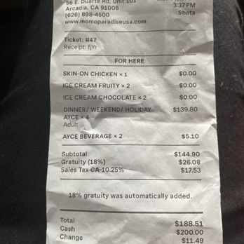 Mo Mo Paradise - The charges on the bill as well the automatic tip the restaurant is forcing on - Japanese Near Me - Arcadia, California