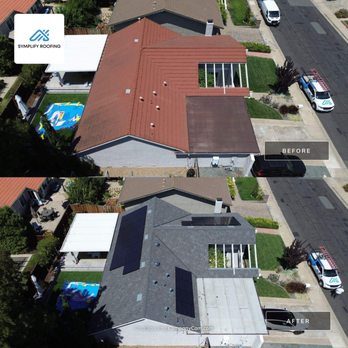 Symplify Roofing - Before and After of Roof - Aerial images depict a residential property showing the roof before and after replacement. The 'before' image features a reddish-brown roof with multiple vents, while the 'after' image displays a newly installed gray shingle roof with solar panels. The backyard includes a pool with a colorful cover, and the driveway has parked vehicles. The images highlight the roof upgrade process, including the addition of solar energy systems, within a suburban neighborhood setting. - Roofing Near Me - Walnut Creek, California