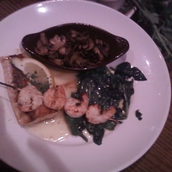 Mimi's Cafe - Mahi Mahi with lemon and caper sauce with garlic spinach, sauteed mushrooms and shrimp skewer. - Breakfast & Brunch Near Me - Modesto, California