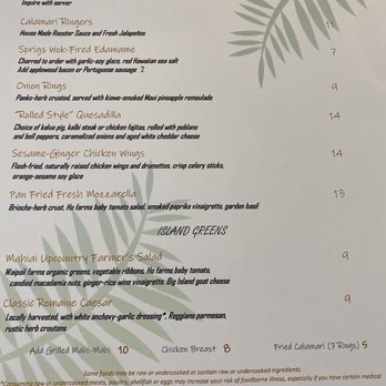 Sprigs Grille Restaurant - Dinner Menu - Pupus and Salads - Seafood Near Me - Kapolei, Hawaii