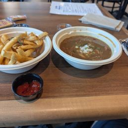 Gumbo, fries