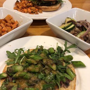 Blue Surf Cafe - House burger, asparagus tostada (without goat cheese), diced sweet potatoes, seasonal vegetable - Cafes Near Me - Wilmington, North Carolina Blue Surf Cafe - House burger, asparagus tostada (without goat cheese), diced sweet potatoes, seasonal vegetable - Cafes Near Me - Wilmington, North Carolina
